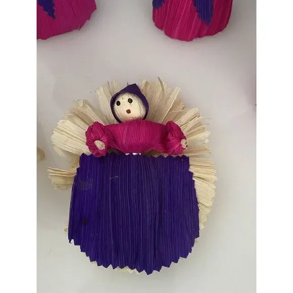 10 Piece Handmade Vtg Christmas Nativity Set Corn Husk 5" Dolls Roatan Honduras - Picture 3 of 16